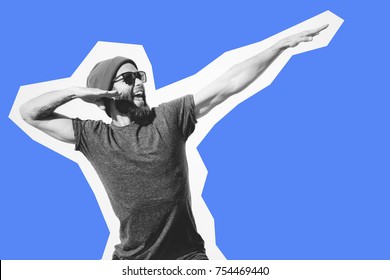 Crazy hipster guy emotions. Collage in magazine style . Fashion short. Hipster. joyful emotions - Shutterstock ID 754469440