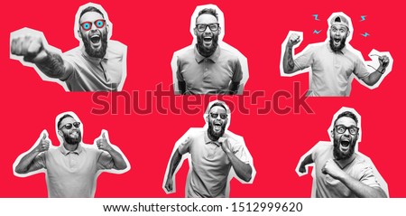 Crazy hipster guy emotions. Collage in magazine style with happy emotions. Discount, sale, season sales. Party people