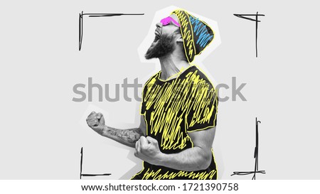 Crazy hipster guy emotions. Collage in magazine style with happy emotions. Discount, sale, season sales. Colorful summer concept.