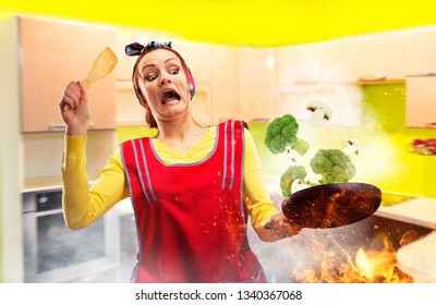 Crazy housewife in apron cooking broccoli on fire
