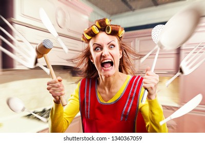 Crazy Housewife In Apron Cooking, Cookware Flying