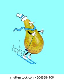 Crazy joyriding. Funny cute pear skiing isolated over blue background. Drawn fruit in a cartoon style. Concept of funny meme emotions, healthy active lifestyle, hobby, sport concept