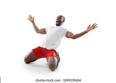 Crazy, Mad Happiness. Funny Emotions Of Professional Football, Soccer Player Isolated On White Studio Background. Excitement In Game, Human Emotions, Facial Expression And Passion With Sport Concept.