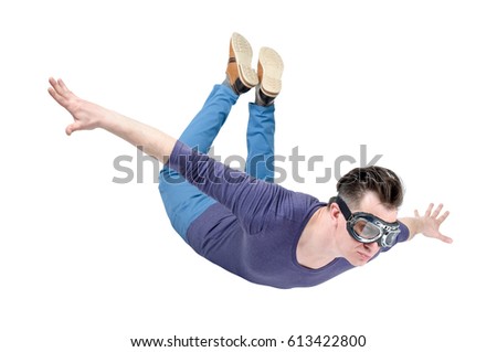 Crazy man in goggles is flying isolated on white background