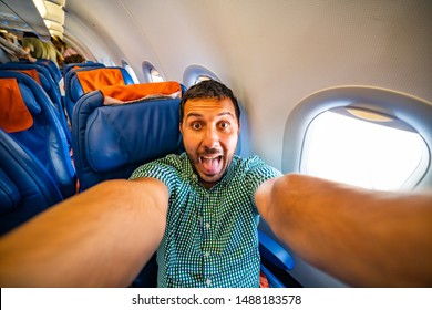 Crazy Man Happy Take Selfie In The Airplane Scared About Flight