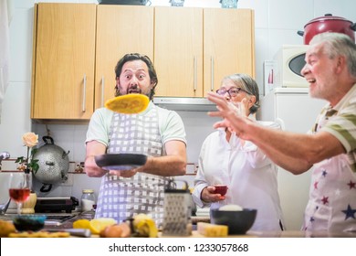 Crazy Moments Cooking A Thome For Funny Family With A Fly Egg And Scared Father And Mother - Craziness At Home For Amateur Chef  - Different Generations Indoor Working