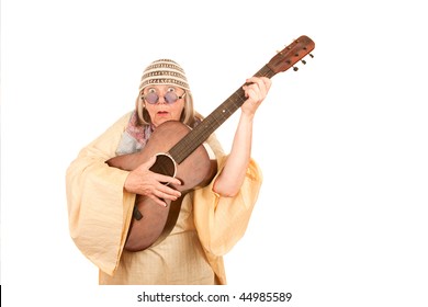 Crazy New Age Woman With Old Guitar