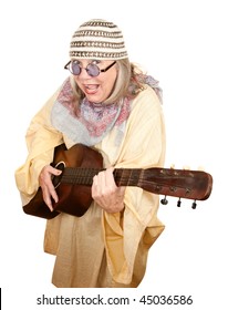 Crazy New Age Woman With Old Guitar