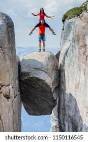 Crazy Partner Piggybacking His Lady, She Rides Him Romantic Trip In Norway Kjerag Mountains Vacations Adventure Lifestyle Family Man And Woman Together Extreme Journey Concept.