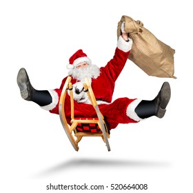 Crazy Santa Claus On His Sleigh Hilarious Fast Funny Crazy Xmas Christmas Gift Present Delivery Isolated White Background