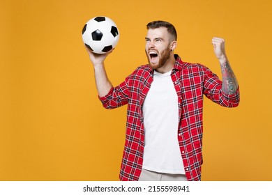 Crazy screaming young man football fan in basic red shirt cheer up support favorite team with soccer ball clenching fists isolated on yellow background studio. People sport leisure lifestyle concept
