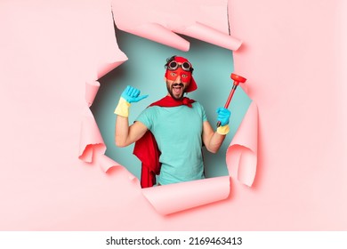 Crazy  Super Hero Man Happily And Proud. Housekeeping Concept