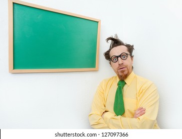 Crazy Teacher Stands At The Blackboard