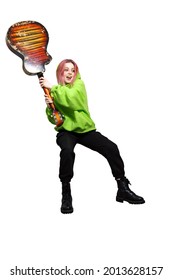 Crazy Teen Girl In Green Hoodie Wants To Smash A Guitar. Isolate On White Background