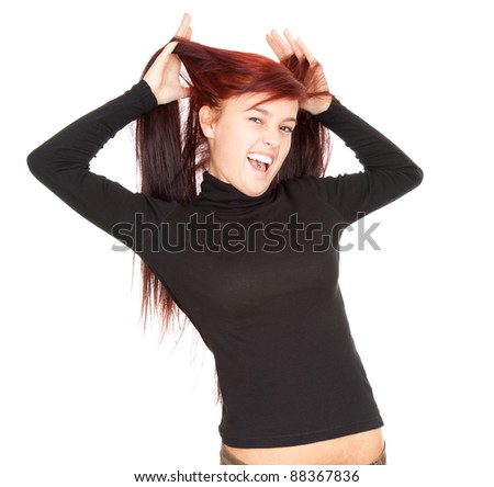 crazy teenage girl in black blouse with open mouth, white background