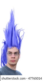 Crazy wacky young male Caucasian adult with purple hair that stands straight up