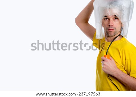crazy white man man with hair dryer