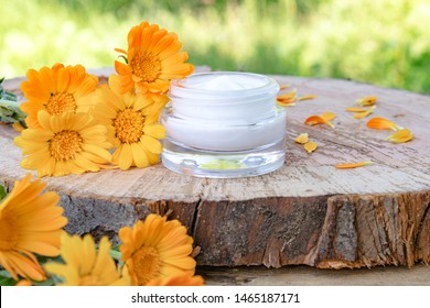 Cream for body care with calendula. Fresh orange calendula flowers on a wooden background in nature. Cosmetic cream for cleansing the skin with calendula flowers. Medical Dermatology.