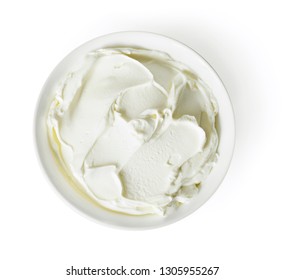 Cream Cheese, Quark Or Yogurt In A White Bowl. Dairy Product, Healthy Eating Theme. Isolated Object On White Background.