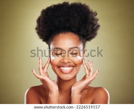 Cream, face and skincare black woman in studio for beauty, skin glow and shine for wellness goals, results and benefits advertising. Happy african model with sunscreen product for dermatology facial