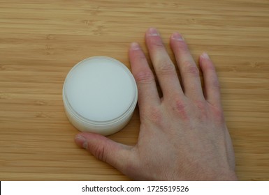 Cream medicinal coconut oil white natural cosmetic bio organic hand skin, Cocos nucifera tree palm seed, spreadable lubrication smooth, ointments developed, lotion fem, cocoanut antibacterial liniment - Shutterstock ID 1725519526