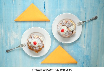 Cream Puff Or Clap Speaker Pastries, Flat Lay, Baking,sweet Food Concept