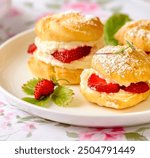 Cream puffs cakes or profiterole filled with whipped cream and served with strawberries and tea on the table