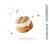 Cream puffs, pastry from choux filled vanila cream covered sugar powder and crumbs closeup falling flying isolated on white background. Sweet french dessert Choux for coffee break or party.