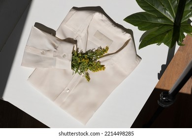 Cream Shirt With Yellow Flowers Into The Sleeve Backstage Fashion Shoot