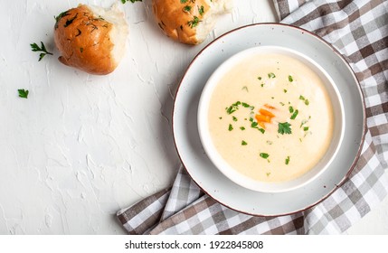 Cream Soup And Bread Croutons. Homemade Healthy Organic Vegetarian Vegan Diet Fresh Food Meal Dish Soup Lunch, Space For Text. Top View.