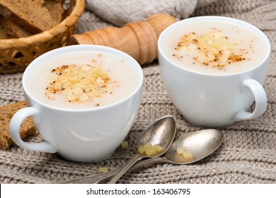 Cream Soup Of Cauliflower With Cheese And Pepper In A Cups, Close-up