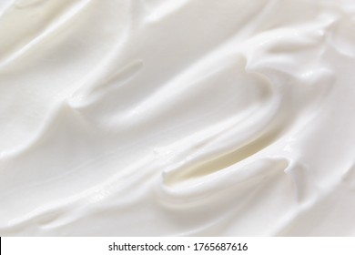 Cream Texture Background. Greek Yogurt, Sour Cream Closeup. White Natural Creamy Dairy Product Macro Top View