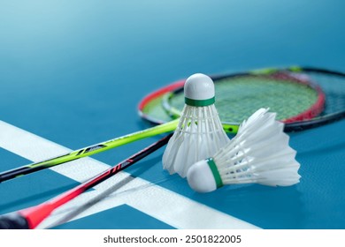 Cream white badminton shuttlecock and racket on floor in indoor badminton court, copy space, soft and selective focus on shuttlecocks.