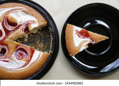 Cream-and-strawberry Cake. One Cut Off Piece Is On A Separate Plate. Macro Food Photo Similar To A Business Or Financial Diagram, Pie Chart Or Infographics. Concept Of 'part And Whole'.