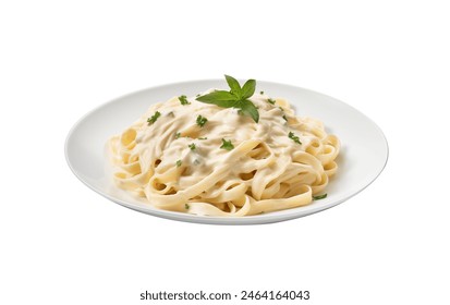 Creamy Alfredo fettuccine pasta topped with fresh herbs isolated - Powered by Shutterstock