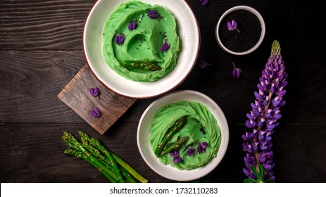 Creamy Asparagus, Spirulina And Potatoes Puree On A Wooden Table. Healthy Food, Ketogenic Diet, Diet Lunch Concept. Top View, Overhead, Banner.