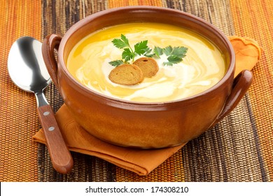 Creamy Carrot Soup With Croutons And Parsley