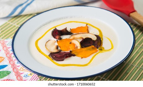 Creamy Cauliflower Soup With With Dried Apple, Pumpkin And Beet.