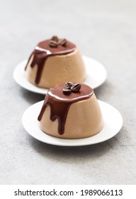 Creamy coffee pudding with chocolate on a plate on a light gray background