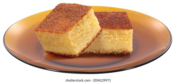 Creamy Cornmeal Cake Slices On Plate On White Background For Clipping.