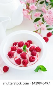 Creamy Curd Mousse With Raspberries. Healthy Breakfast.