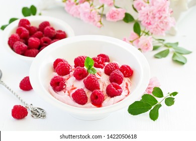 Creamy Curd Mousse With Raspberries. Healthy Breakfast.