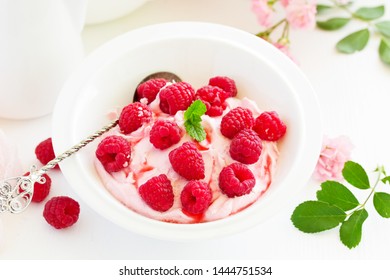 Creamy Curd Mousse With Raspberries. Healthy Breakfast.