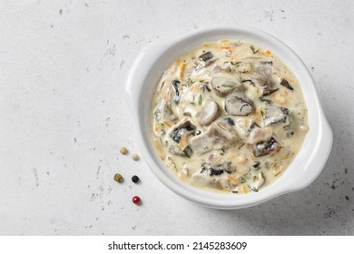 Creamy Garlic Carrot Mushroom Pasta Sauce In Pot. Top View, Copy Space.