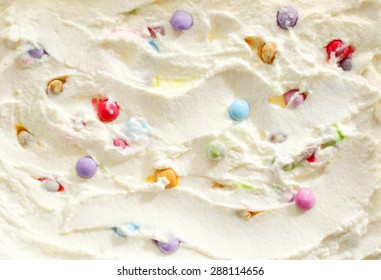 Creamy Ice Cream With Colorful Multicolored Candy Pearls In A Full Frame Background Texture For Advertising And Summer Food Themed Concepts