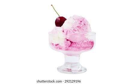 Creamy ice-cream with cherry in glass bowl isolated on white background.