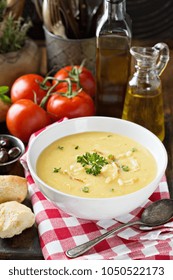 Creamy Lemon Chicken Soup With Rice Garnished With Parsley