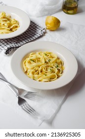 Creamy Lemon Pasta, White Plates With Pasta, Italian Food, Vegan Italian Dish Photography