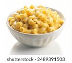 Creamy mac and cheese in a bowl, isolated on white background