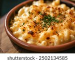 Creamy macaroni and cheese served in a rustic bowl, highlighted by a warm, inviting setting, showcasing the texture and richness of the dish, professional food photography.